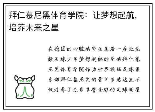 拜仁慕尼黑体育学院：让梦想起航，培养未来之星